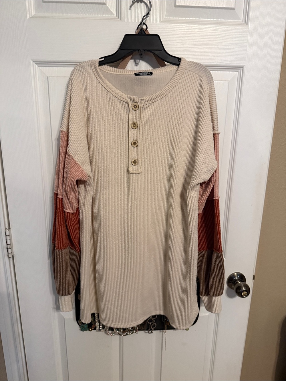 HEIMISH USA Beige Henley with Color-Block Sleeves